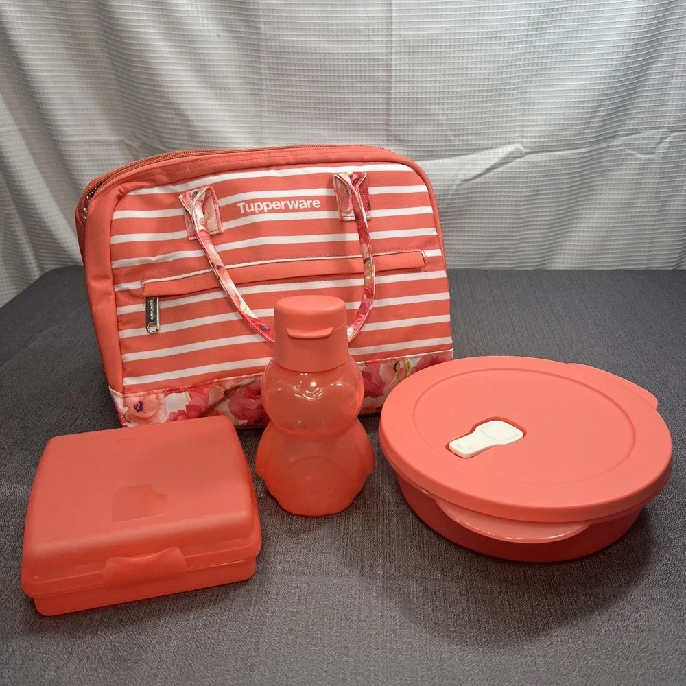 Tupperware Peach/Pink Floral Lunch Insulated‎ Tote Bag with Soup Sandwich & Cup